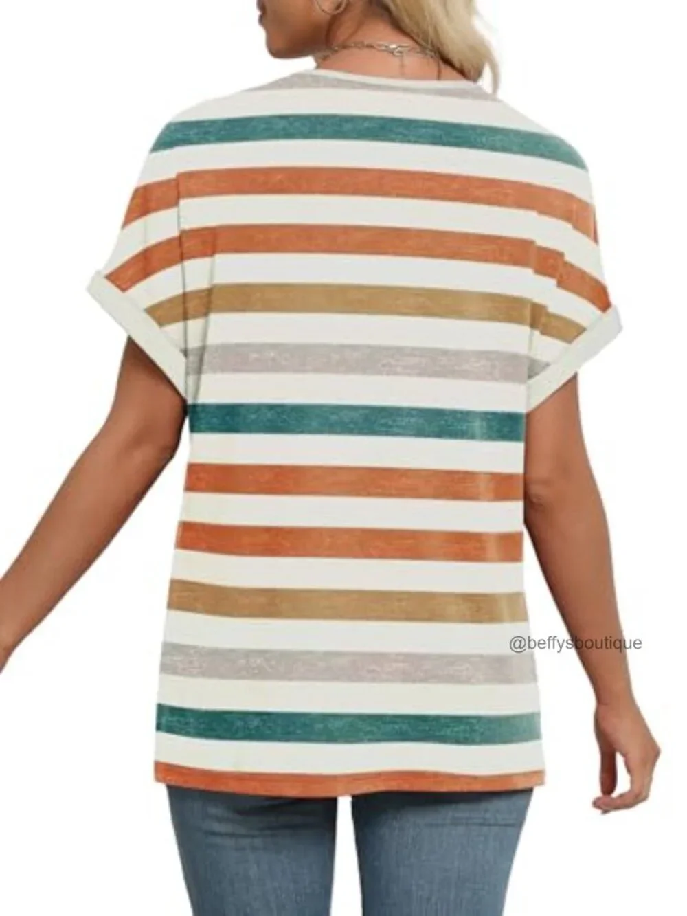 Womens V-Neck Striped Short Sleeve T-Shirt Dolman Top 95% Polyester 5% Spandex